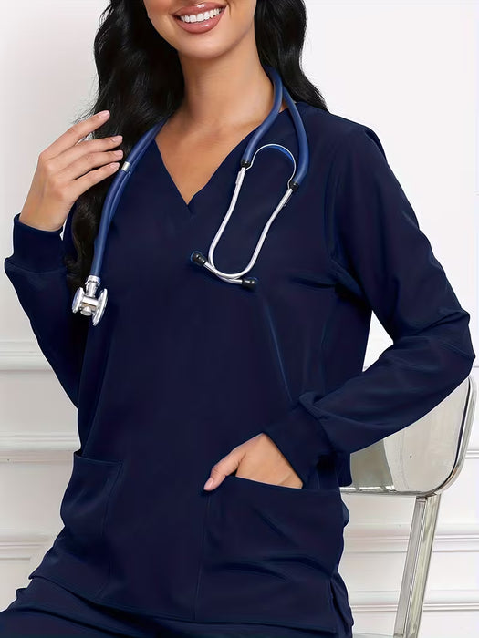 Uniforme elástico de cuello en V para mujer, con mangas largas transpirables y bolsillos