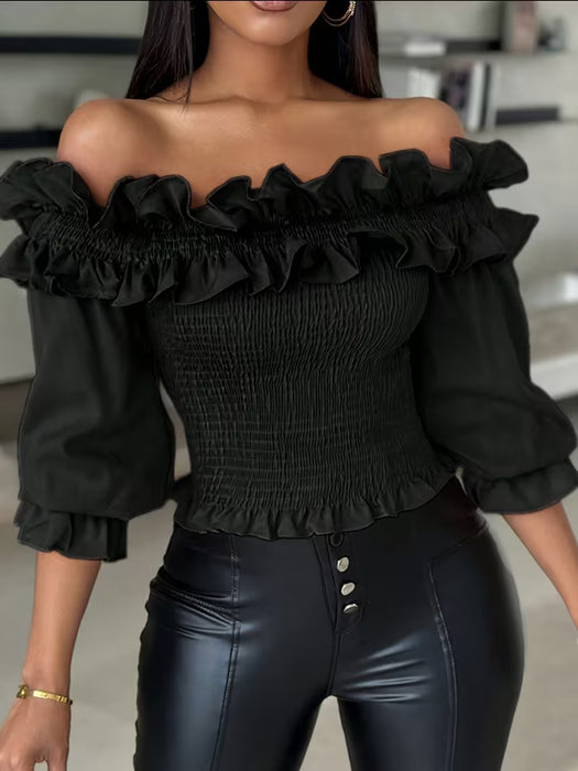 Blusa De Color Sólido Con Volantes, Hombros Descubiertos y mangas abullonadas