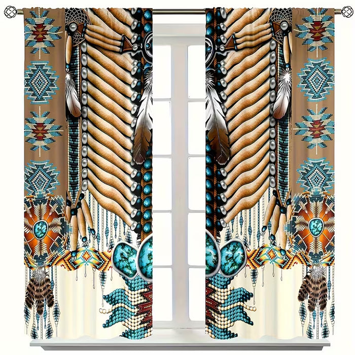 Dos piezas de tela de poliéster, cortinas con bolsillo para barra y diseño bohemio de plumas 75cm x 166cm