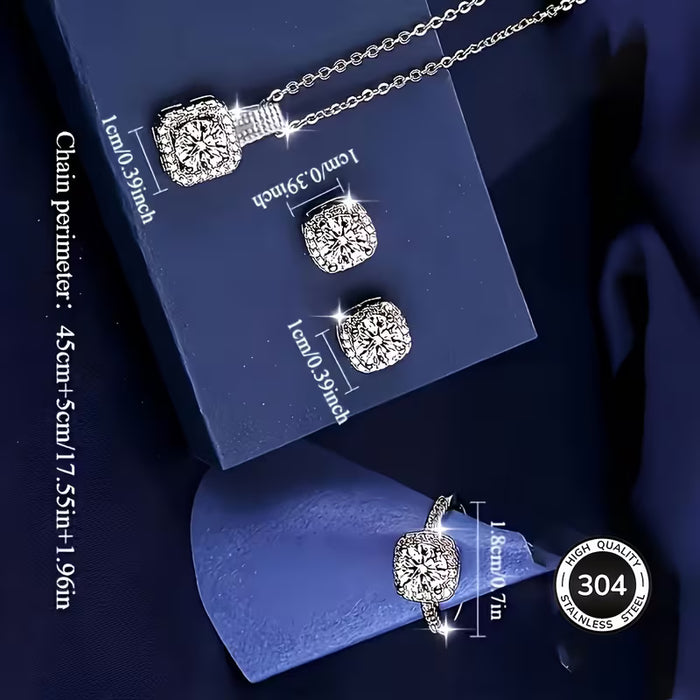 Conjunto de 4pcs de collar, aretes y anillo de circonita plateada para damas