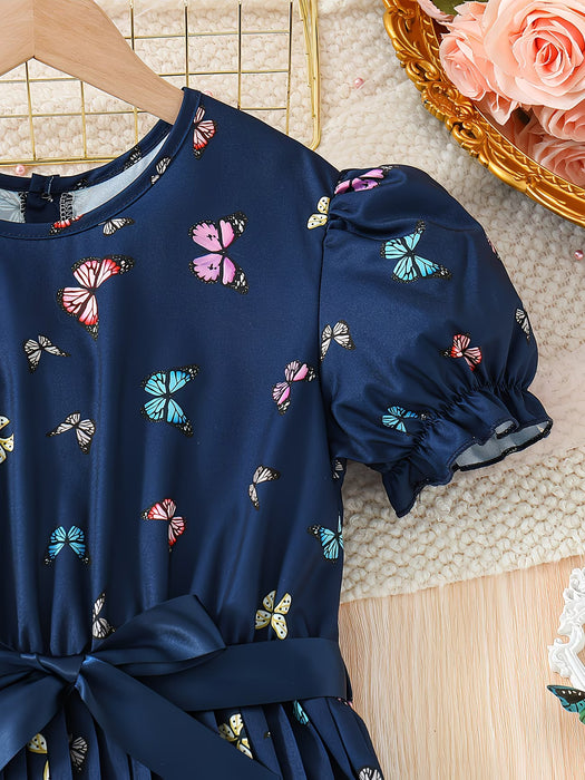 Vestido de Verano para Niñas con Mangas Bufantes, Estampado de Mariposas y Cinturón Plisado