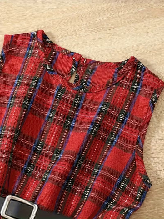 Conjunto de moda para niñas Gift Belt: cárdigan corto Ted + vestido de cuadros escoceses