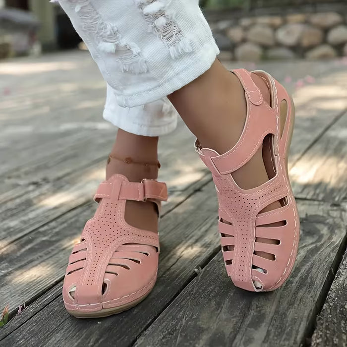 Sandalias de moda de un solo color para mujeres, cómodas plataformas de tacón medio