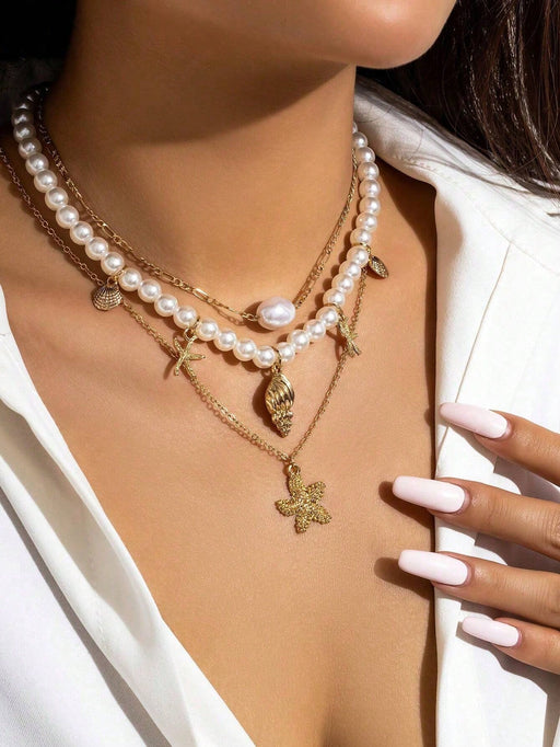 3pcs de collar con colgante de concha y estrella de mar de metal estilo bohemio - Quierox - Tienda Online