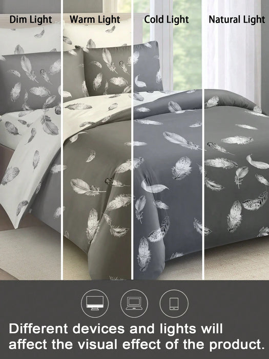 Juego de sábanas nórdica de 3pcs con estampado de plumas, suave y agradable al tacto