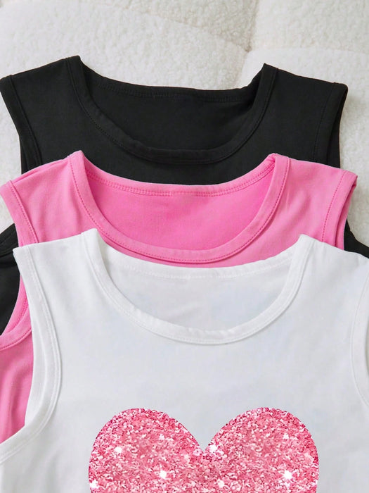 SHEIN Paquete de 3 camisetas sin mangas básicas informales con estampado de corazones para niñas