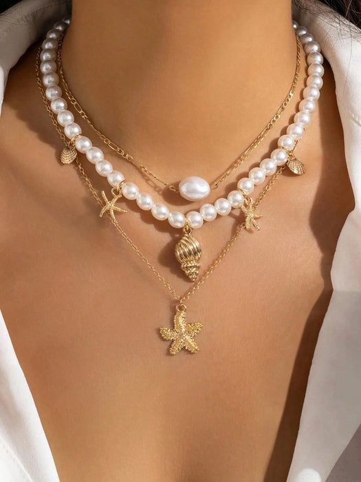 3pcs de collar con colgante de concha y estrella de mar de metal estilo bohemio