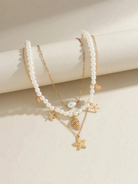 3pcs de collar con colgante de concha y estrella de mar de metal estilo bohemio
