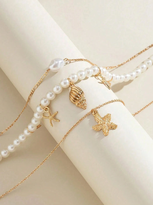 3pcs de collar con colgante de concha y estrella de mar de metal estilo bohemio