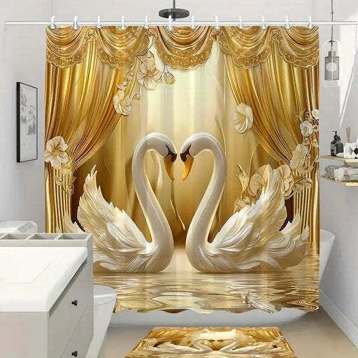 4 piezas, conjunto de cortina de ducha creativa con estampado 3D de cisne dorado - Quierox - Tienda Online