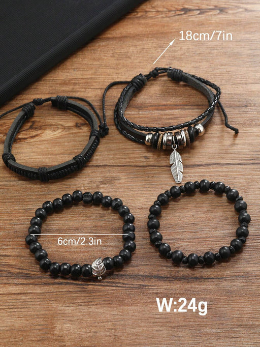 4 pulseras ajustables de cuero oscuro con cuentas para hombre - Quierox - Tienda Online