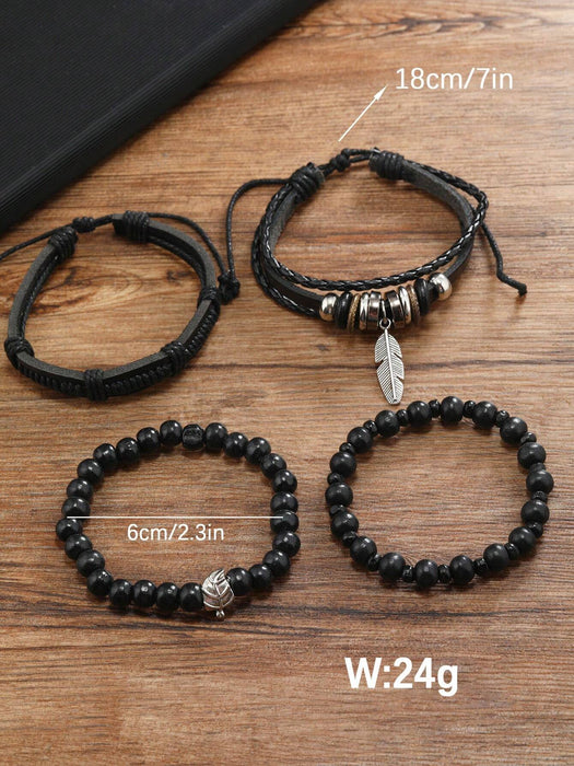 4 pulseras ajustables de cuero oscuro con cuentas para hombre - Quierox - Tienda Online