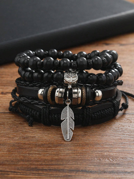 4 pulseras ajustables de cuero oscuro con cuentas para hombre - Quierox - Tienda Online