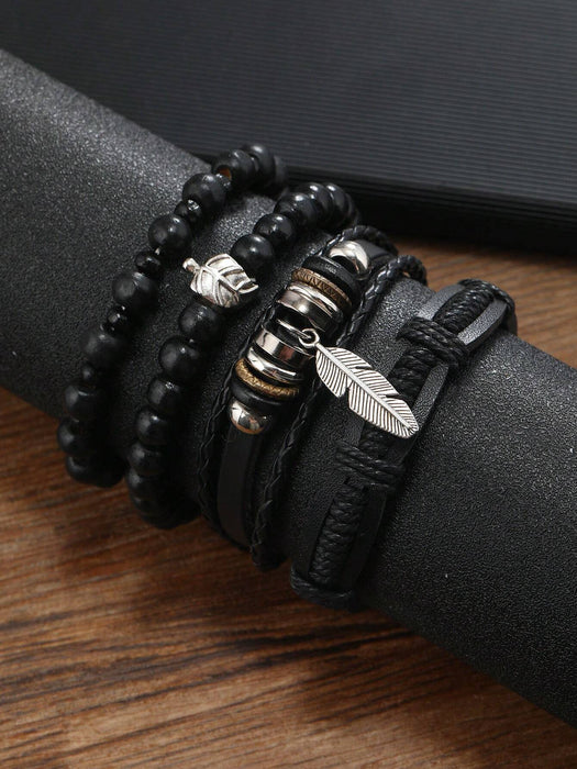 4 pulseras ajustables de cuero oscuro con cuentas para hombre - Quierox - Tienda Online