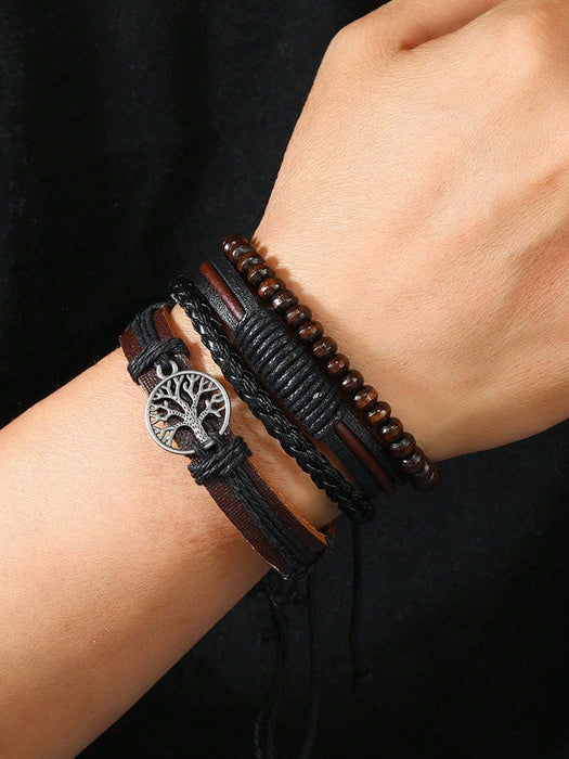 4 pulseras ajustables de cuero oscuro con cuentas para hombre - Quierox - Tienda Online