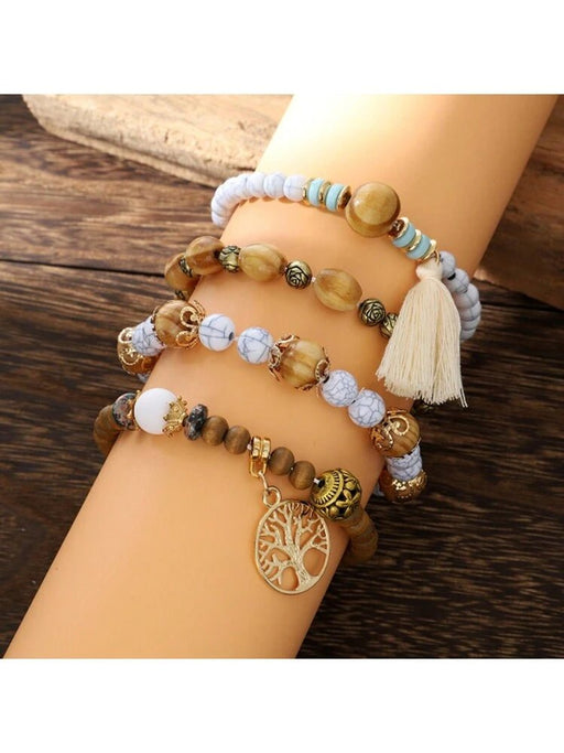 4 Pulseras De Varias Capas Elástica De Cuentas De Madera Con Estilo De Bohemia - Quierox - Tienda Online
