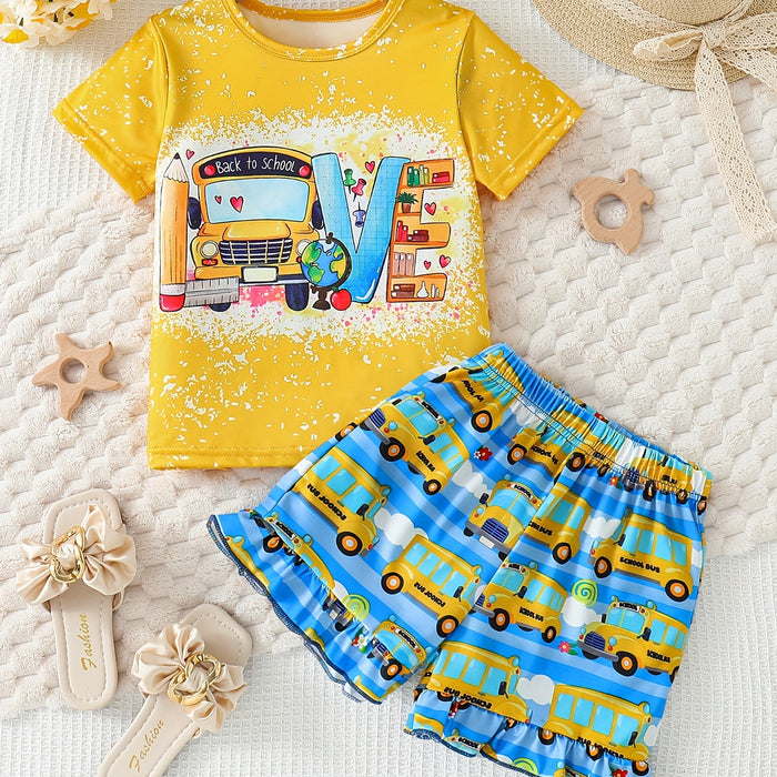 Conjunto de 2 piezas para niños y niñas con estampado de amor de autobús escolar