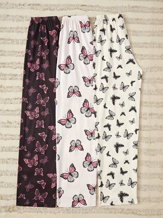 3pcs Pantalones pijamas para dormir de mujer con estampado de mariposas