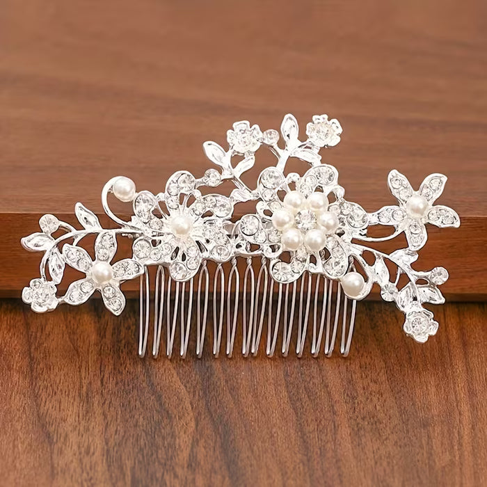 Peineta Plateada De Imitación De Perlas Con Diamantes De Imitación Para Boda