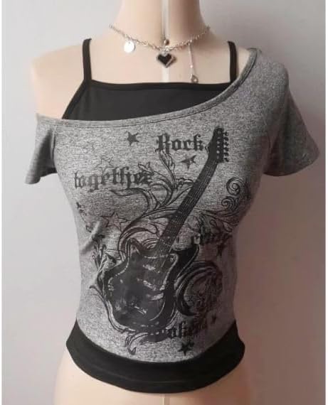 Camiseta Emo Grunge para mujer vintage Y2K de 2 piezas con estampado de guitarra