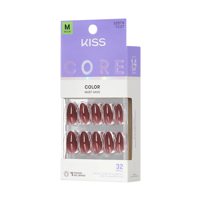 Kiss Set de 32 uñas press on almendradas tamaño mediano color burgandy