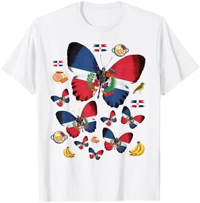 Camiseta blanca con gráfico vibrante de mariposas con el diseño de la bandera dominicana