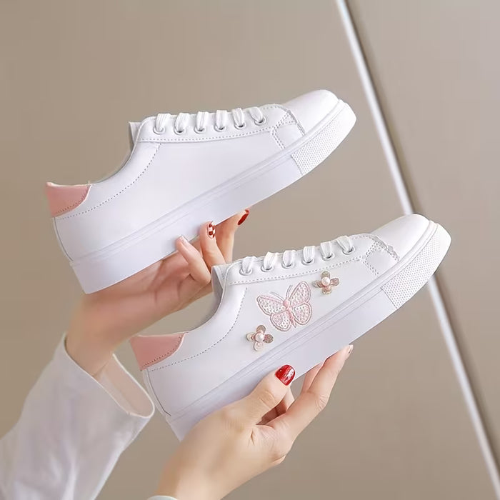Zapatillas Bajas de PU Blanco Brillante para Mujer con Cordones Brillantes y Suela de Goma