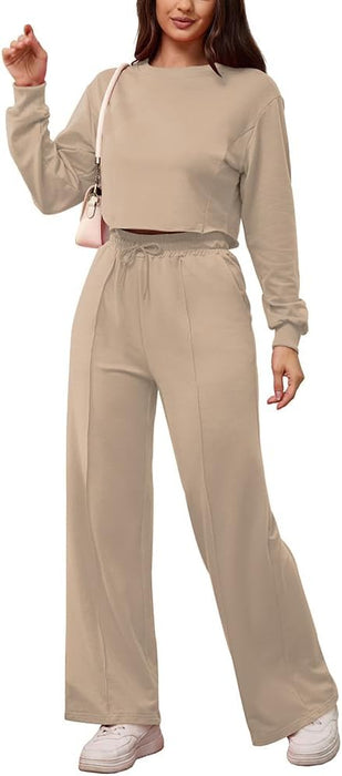 Conjunto deportivo de 2 piezas para mujer, Top manga larga y pantalón ancho y bolsillo