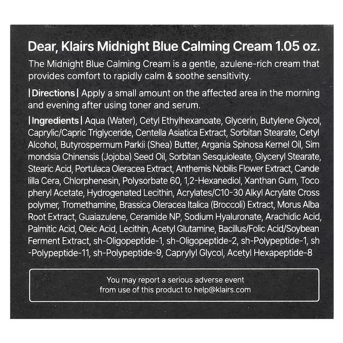 Dear, Klairs, Crema calmante Midnight Blue, 30 ml