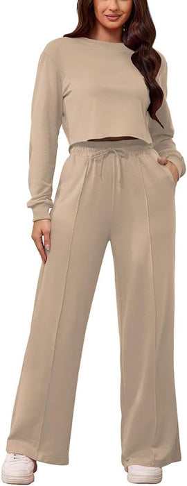 Conjunto deportivo de 2 piezas para mujer, Top manga larga y pantalón ancho y bolsillo
