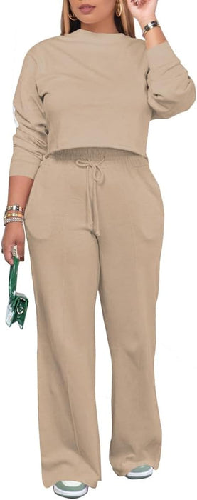Conjunto deportivo de 2 piezas para mujer, Top manga larga y pantalón ancho y bolsillo