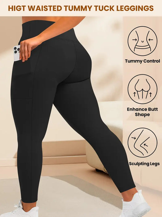 Leggings térmicos de talla grande para mujer de cintura alta y bolsillos laterales