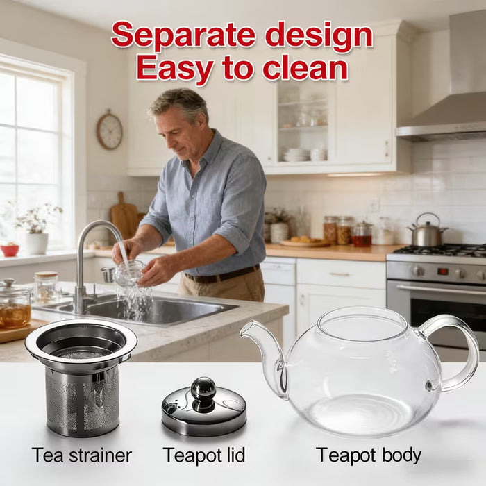 Tetera de vidrio transparente con colador de té y tapa, ideal para preparar té en casa