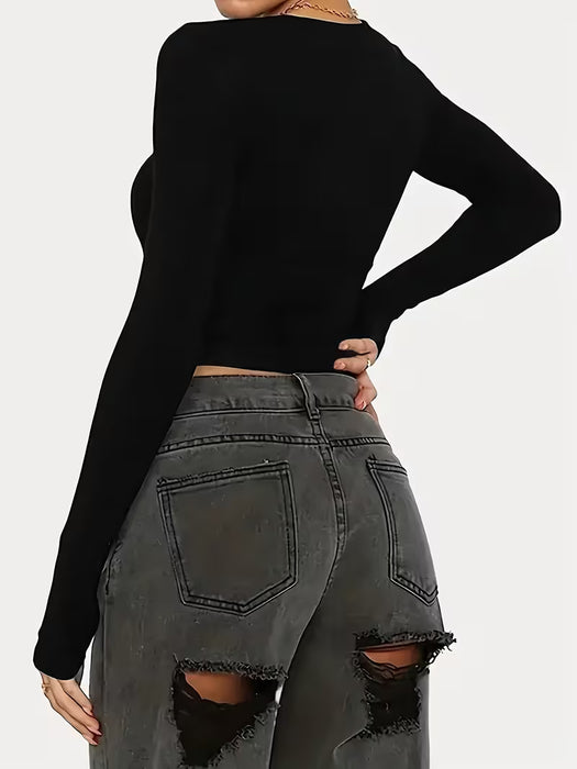 Shein Camiseta de Manga Larga Ajustada y Corta para Mujer