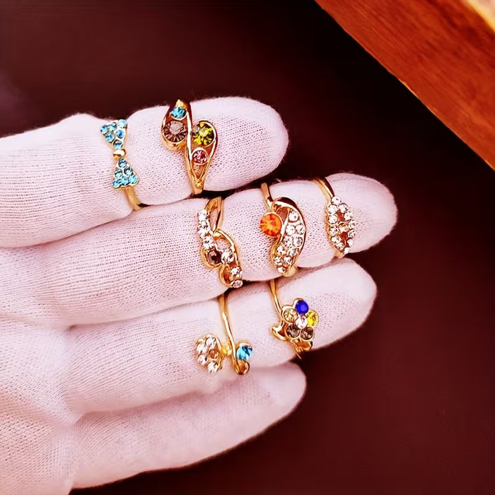 12 piezas de anillos de lujo para mujer de aleación con incrustaciones de vidrio de colores aleatorios
