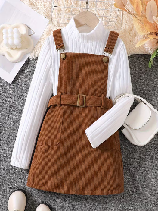 Conjunto Casual para Niñas: Top de Punto con Cuello Alto + Falda de Pana con Tirantes