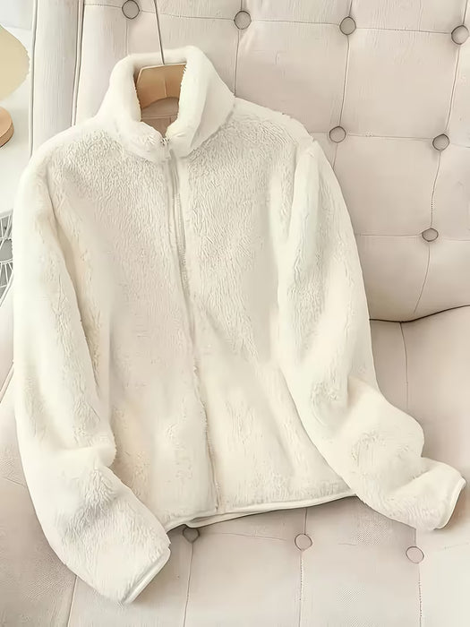 Chaqueta Polar con Cremallera para Mujer de Otoño e Invierno, Color Sólido