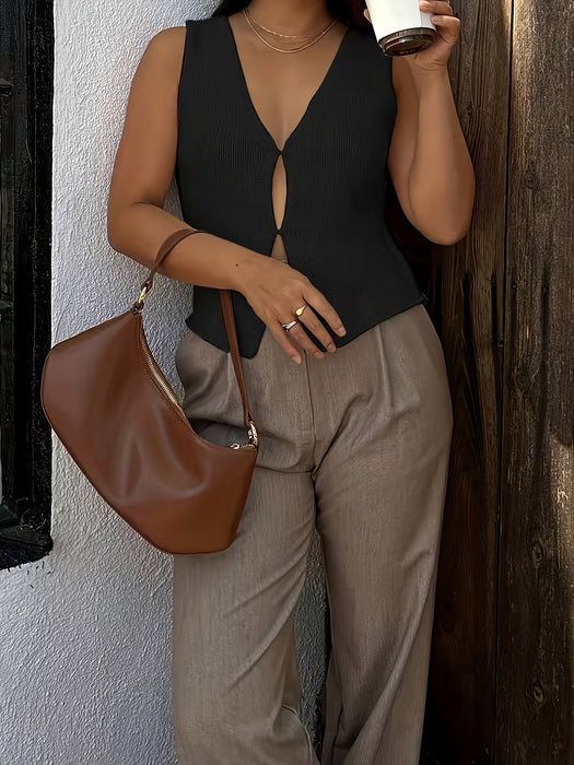 Top sin Mangas de Cuello en V para Mujer, Color Sólido y Casual