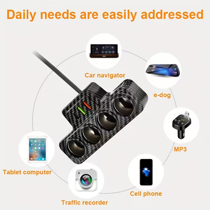 Cargador de Coche Multifunción de Cuatro Potencias, USB + 1 Puerto Tipo-C