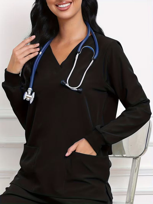 Uniforme elástico de cuello en V para mujer, con mangas largas transpirables y bolsillos