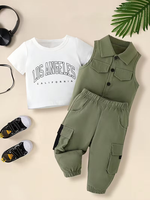 Conjunto de 3 piezas: Ropa de verano para niño con camiseta blanca de estampado de letras