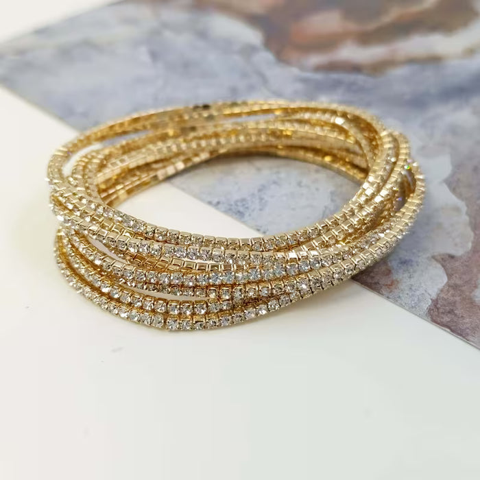 9pcs Pulseras Elásticas De Diamantes De Imitación Exquisitas, Pulsera Brillante Dorado