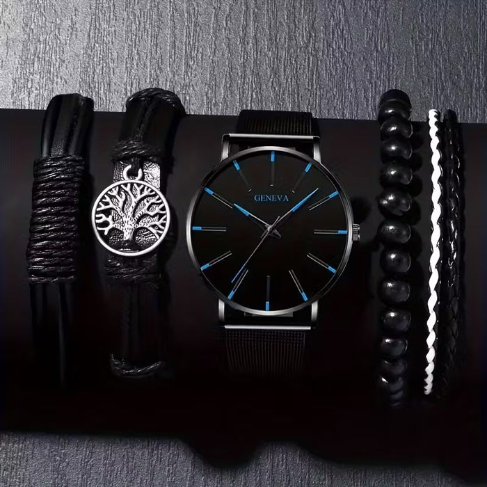 Juego de 5 Piezas de Reloj y Pulsera para Hombre - Reloj Analógico de Cuarzo