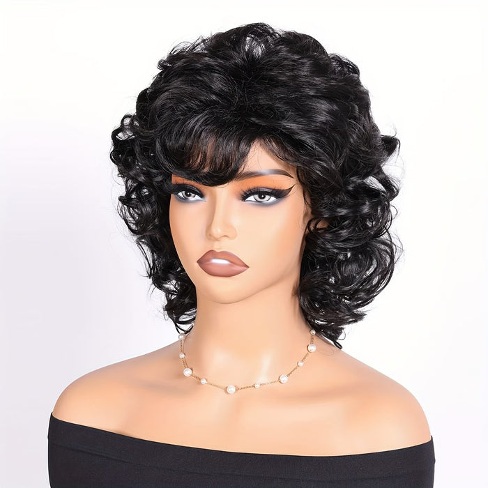 Peluca rizada corta de 8 pulgadas con flequillo lateral y cabello ondulado