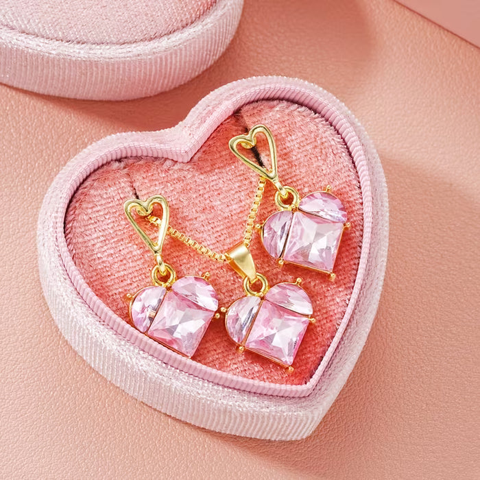 3pcs de Aretes y Collar de Corazón Rosa, Elegantes  para Mujer