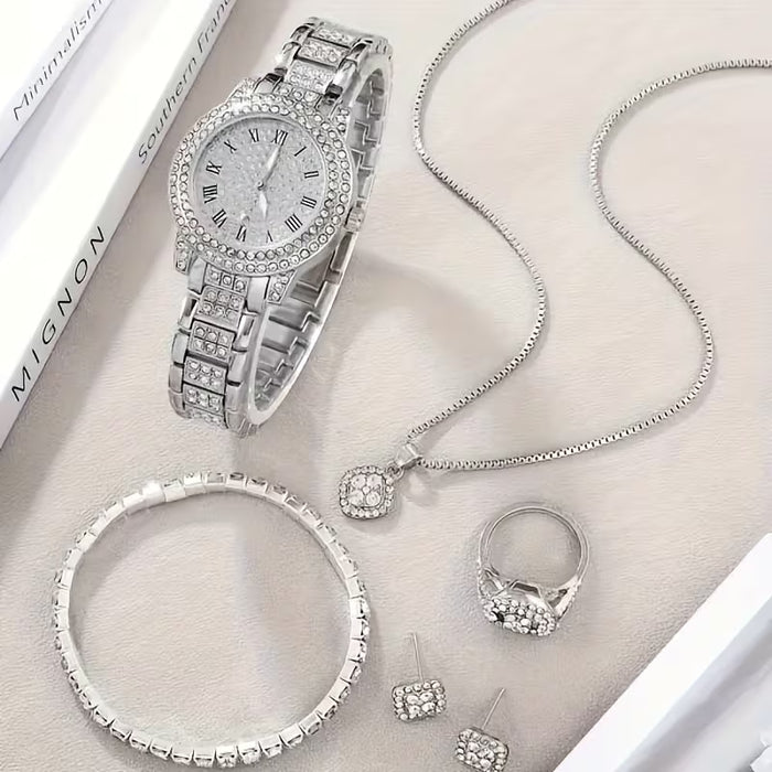 Set de Joyería para Mujer: 6 Piezas de Moda Casual con Reloj de Cuarzo, Diseño Elegante