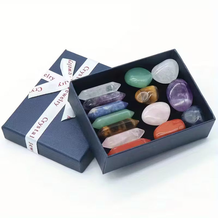 Columna hexagonal doble terminada piedras caídas juego de siete chakras caja de regalo