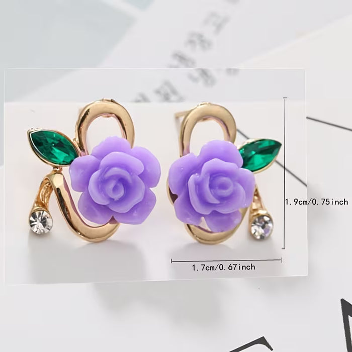 Pendientes de botón elegantes y modernos con flores de rosa minimalistas de resina para mujer