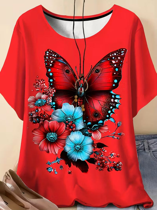 Camiseta de cuello redondo con estampado floral de mariposas, para mujer