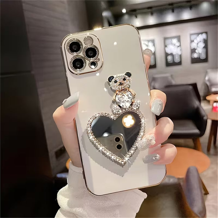 Funda para Teléfono - Funda Rosa Electrochapada con Corazón de Piedra Preciosa y Oso Espejo para iPhone 12 Pro